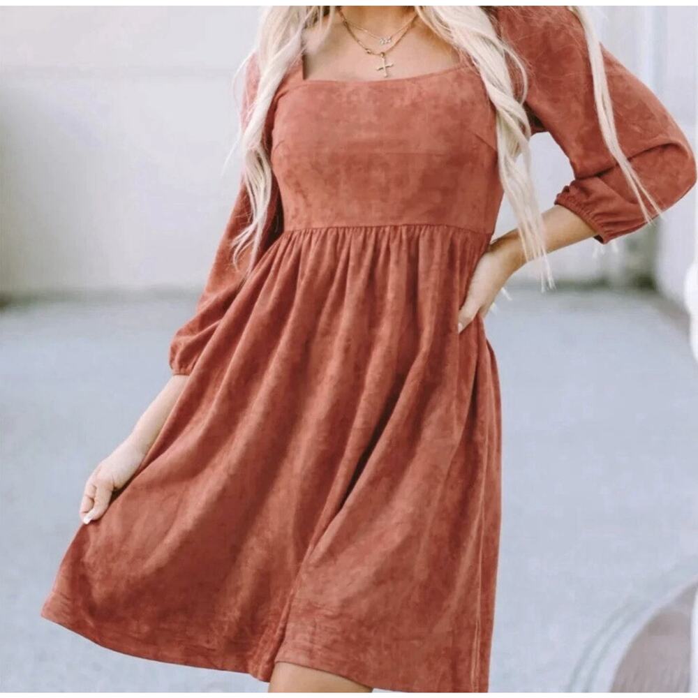 Bohemian Babydoll Dress Size Large Burnt Orange Suede Square Neck High Waist NWT